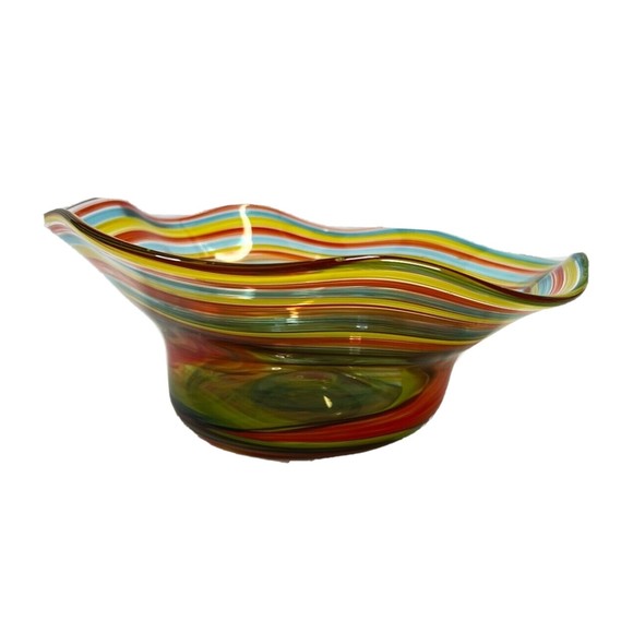 Hand Blown Fused Glass Swirls Hi Lo Curved Table Decor Bowl 10" x 10" - Picture 1 of 8